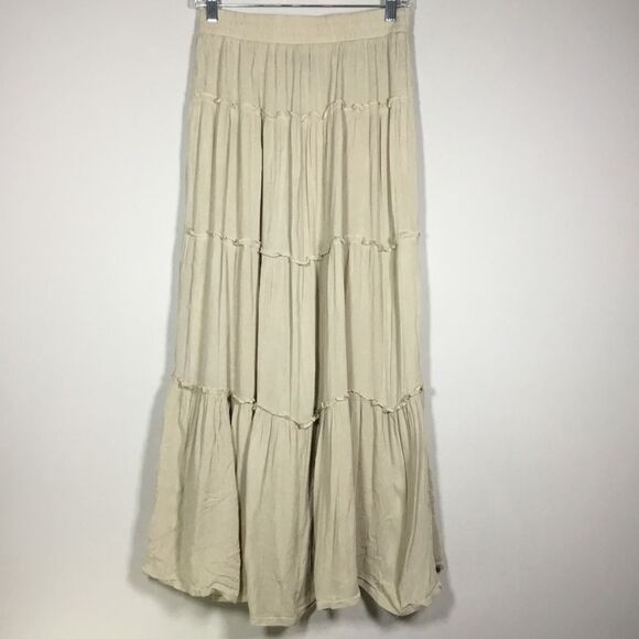 Cream tiered maxi skirt elasticated 27” waist summer spring beach floaty sz M - Picture 1 of 7